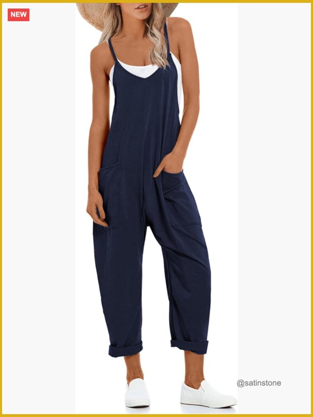 Women's V-Neck Sleeveless Harem Overalls Jumpsuit Romper with Pockets, Stretchy